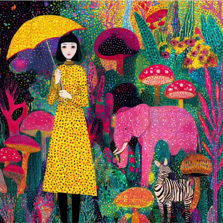 The image features a woman wearing a yellow dress with black polka dots standing next to an elephant, surrounded by mushrooms of various colors including pink, purple, green, and orange. The background includes more mushrooms and flowers, creating a whimsical and colorful scene. The post is tagged with the hashtag #NFCLisbon and mentions @inkseart and @buildersdao, suggesting that this image was created for an event or promotion related to Inksea Lounge in Lisbon.