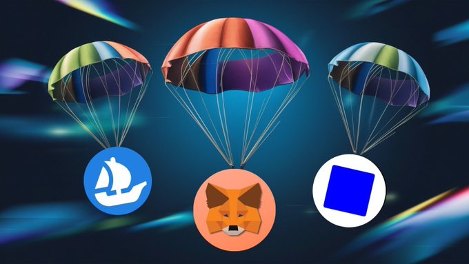 A digital illustration of three colorful parachutes descending against a dark blue background, each carrying a coin featuring a sailboat, a fox (Metamask-style), and a blue square logo.