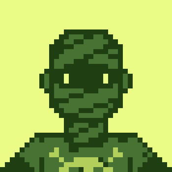 A pixel art portrait of a dark green robotic or armored figure with glowing yellow eyes set against a light green background.
