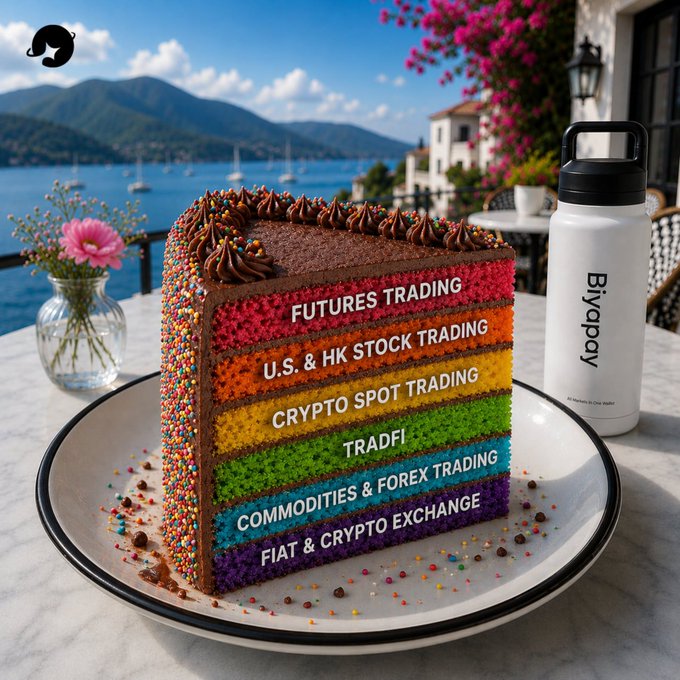 A creative ad for the Biypapay water bottle featuring a slice of layered cake listing services like 'U.S. & HK STOCK TRADING', 'CRYPTO SPOT TRADING', and 'FIAT & CRYPTO EXCHANGE' set against a Mediterranean coastal scene.