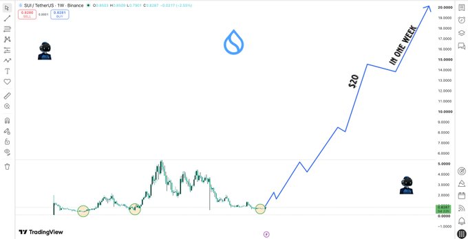 A Sui (SUI/USDT) weekly chart on Binance shows price consolidation around $2.83 with historical lows circled in yellow, accompanied by a hand-drawn blue projection arrow pointing sharply upward to a $20 target labeled "IN ONE WEEK," with a Sui logo watermark in the background, illustrating the poster's bullish short-term price prediction.