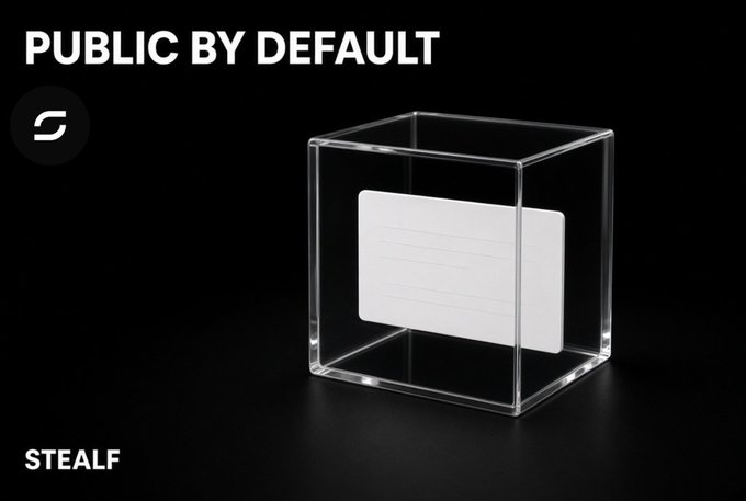A transparent glass cube contains a blank receipt inside, with "STEALF" branding and "PUBLIC BY DEFAULT" text against a black background, visually reinforcing the concept of financial records being exposed by default. The image illustrates how cryptocurrency transactions on the blockchain remain permanently visible, unlike private bank statements.