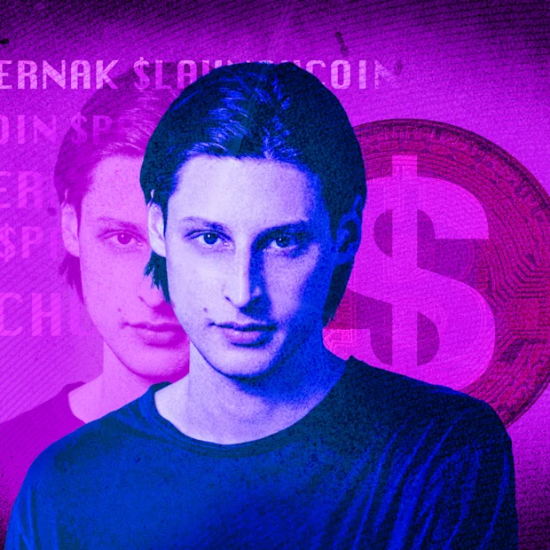 A purple and pink stylized portrait of Vitalik Buterin, Ethereum co-founder, with a Bitcoin logo and text like 'ERNAK $LAYS COIN' and 'COIN$PE' in the background.