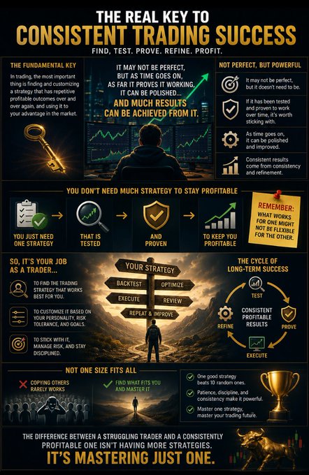 An infographic titled 'THE REAL KEY TO CONSISTENT TRADING SUCCESS' with sections on finding and customizing trading strategies, featuring a golden key image and a bull at the bottom with text 'IT'S MASTERING JUST ONE.'