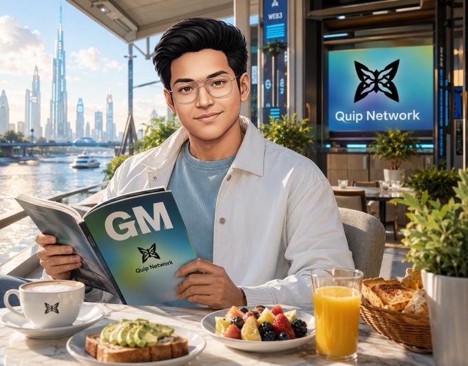A digital illustration of a young man with glasses reading a magazine titled 'GM' with the 'Quip Network' logo, seated at a cafe with coffee, juice, avocado toast, fruit, and bread, with a city skyline visible through the window and a 'Quip Network' sign nearby.