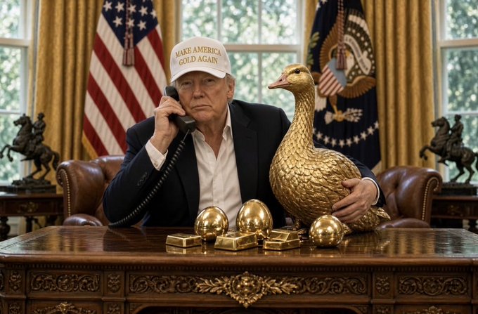 A man wearing a 'MAKE AMERICA GOLD AGAIN' hat is seated at the Resolute Desk in the Oval Office, holding a telephone receiver while a large golden goose and gold bars rest on the desk.