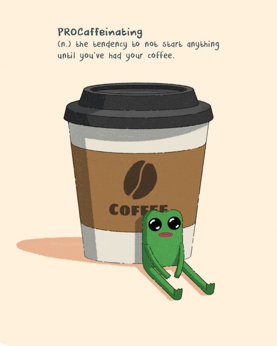 A cartoon image shows a green frog character sitting slumped against a takeaway coffee cup labeled "COFFEE," with the definition above reading: "PROcaffeinating (n.) the tendency to not start anything until you've had your coffee." The image humorously relates to the post's message about waiting out market conditions — suggesting that, like the frog, traders should "procaffeinate" and hold off on action until the bull market fully brews, especially with Trump's anticipated crypto announcements boosting momentum for tokens like $TA.