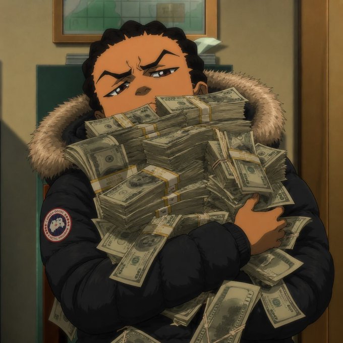 An animated illustration of a character with curly hair wearing a Canada Goose parka and clutching large stacks of bundled US dollar bills.