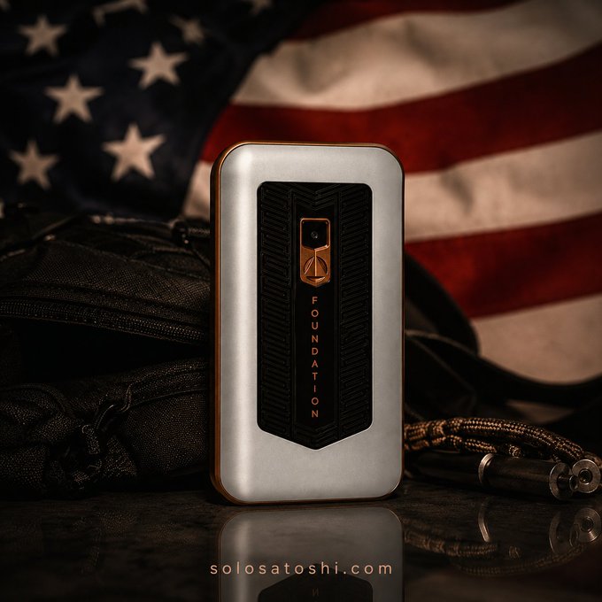 The Foundation Passport Prime hardware wallet, labeled with "FOUNDATION," is displayed in front of an American flag and a tactical bag. The image visually reinforces the post's announcement of the device's upcoming release at Solo Satoshi, highlighting its "Assembled in the USA" origin.