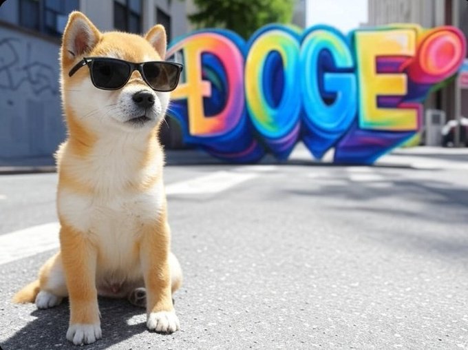 A Shiba Inu dog wearing black sunglasses sits on a street in front of a vibrant graffiti wall with the word 'DOGE' painted in large rainbow-colored bubble letters.