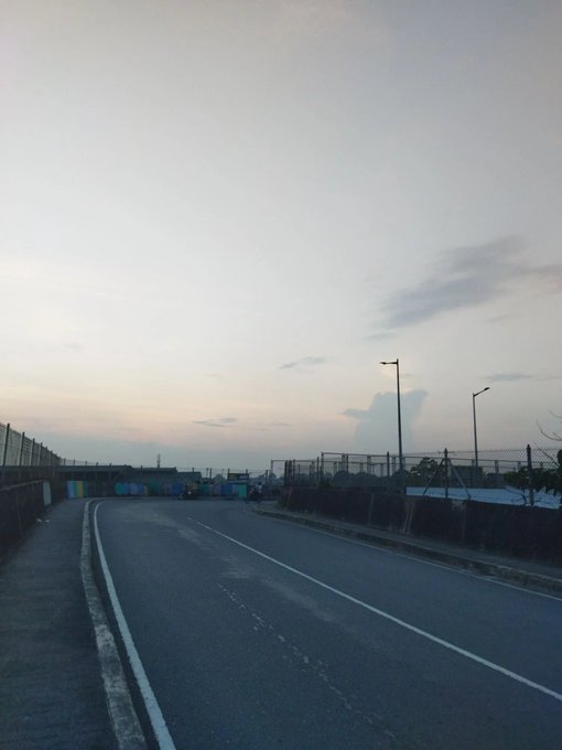 An empty road stretches toward the horizon under a pale sky at dusk, with street lamps lining the right side.