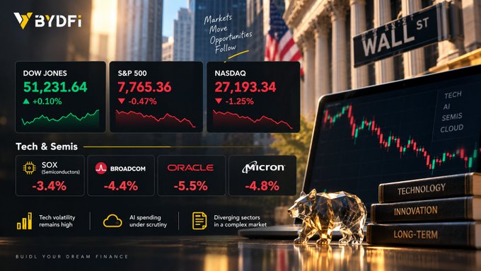 BYDFi market dashboard showing Dow Jones at 51,231.64 (+0.10%), S&P 500 at 7,765.36 (-0.47%), and NASDAQ at 27,193.34 (-1.25%), with Tech & Semis section showing SOX -3.4%, Broadcom -4.4%, Oracle -5.5%, and Micron -4.8%.