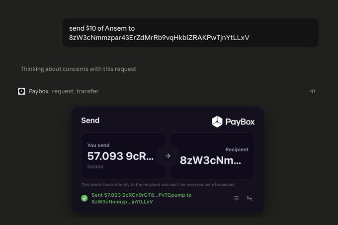 The image shows a PayBox transaction confirmation for sending 57.093 Solana to the recipient address 8zW3cNm... , directly relating to the accompanying post.