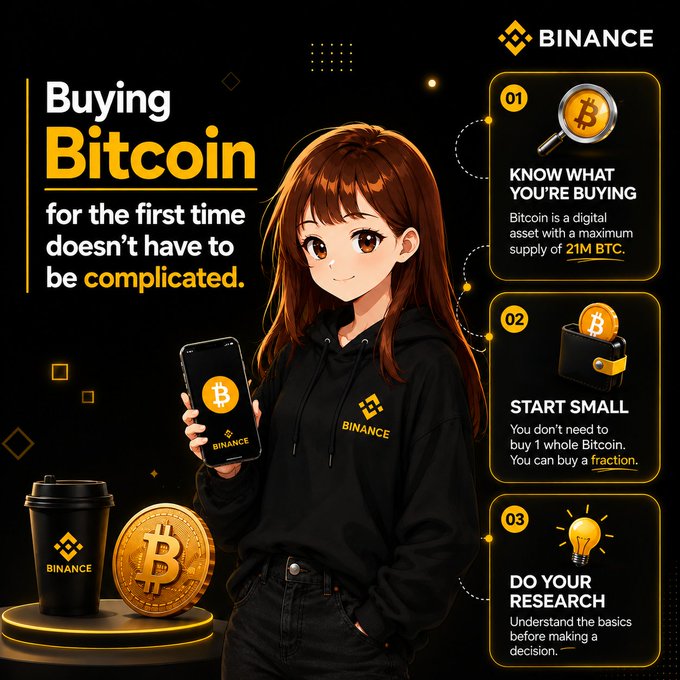 A Binance promotional graphic featuring an anime-style woman holding a smartphone with the Bitcoin logo, titled 'Buying Bitcoin for the first time doesn't have to be complicated,' with three tips: 'KNOW WHAT YOU'RE BUYING', 'START SMALL', and 'DO YOUR RESEARCH'.