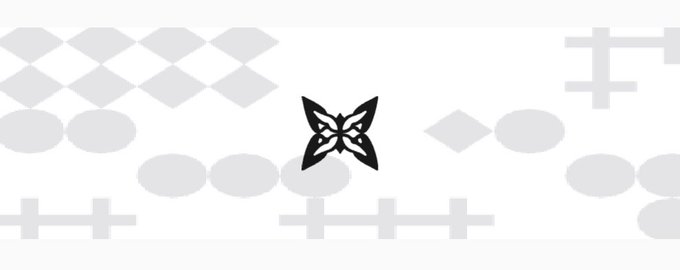 A central black butterfly logo is displayed against a light gray background patterned with geometric shapes including diamonds, ovals, and cross-like symbols, visually representing the quantum-network concept discussed.