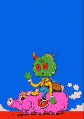 A pixel art scene showing a cactus character with red eyes wearing a party hat riding a pink slug-like creature against a blue sky.