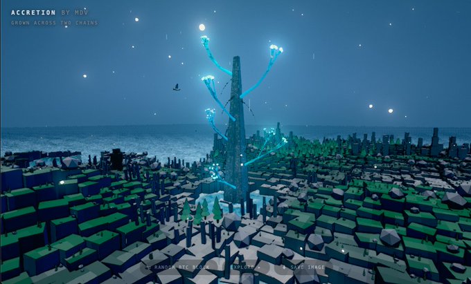 A video game screenshot titled 'ACCRETION BY MOV' showing a tall tower emitting blue glowing energy tendrils over a blocky, voxel-style cityscape under a starry night sky.