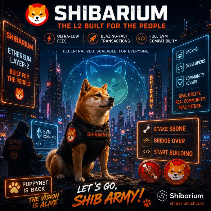 A promotional graphic for 'SHIBARIUM THE L2 BUILT FOR THE PEOPLE' featuring a Shiba Inu dog in a vest, advertising ultra-low fees, blazing-fast transactions, and full EVM compatibility with the tagline 'LET'S GO, SHIB ARMY!'