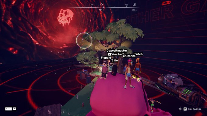 A gameplay screenshot from Fortnite showing avatars near a large tree with a 'Depositmaster' prompt and a skull emblem visible in the background.