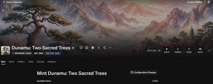 A webpage screenshot for the 'Dunamu: Two Sacred Trees' NFT minting event on the Hollywood Chain, showing a countdown timer and a beautiful landscape illustration with cherry blossoms.