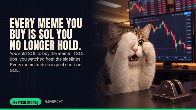 A chubby tabby cat sits at a trading desk with its mouth open in surprise, watching a red candlestick chart on a monitor, with text reading "EVERY MEME YOU BUY IS SOL YOU NO LONGER HOLD" alongside the $LEVERCAT logo. The image promotes the $LEVERCAT token, using the cat as a humorous mascot to warn that trading memecoins means selling SOL—setting up the post's pitch for a token that pays holders in xSOL instead.