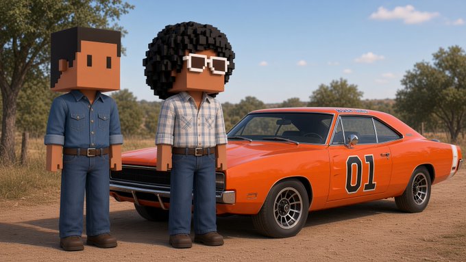 Two voxel-style block characters stand beside an orange classic Dodge Charger marked with "01" (General Lee from Dukes of Hazzard) on a dirt road with trees in the background.