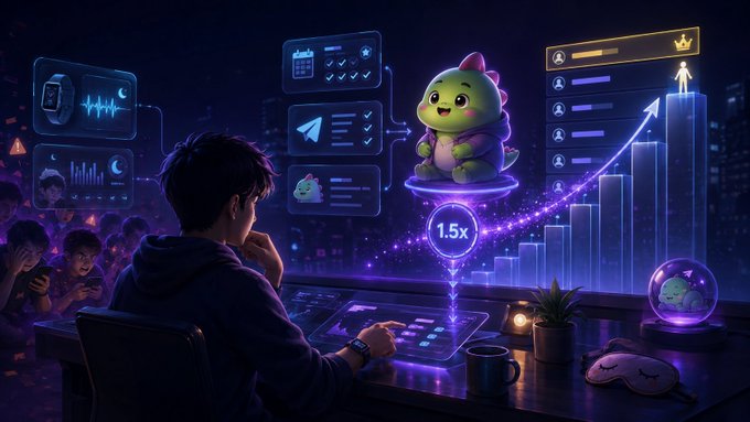 Stylized digital illustration of a person sitting at a desk using multiple holographic interfaces featuring a cute green dinosaur character, scheduling apps, and a growth chart with a '1.5x' multiplier.