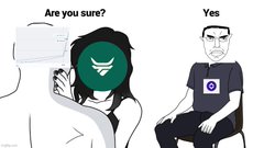 A meme using the 'Are you sure? Yes' Wojak format, featuring a green-faced version of the soyjak character on the left.