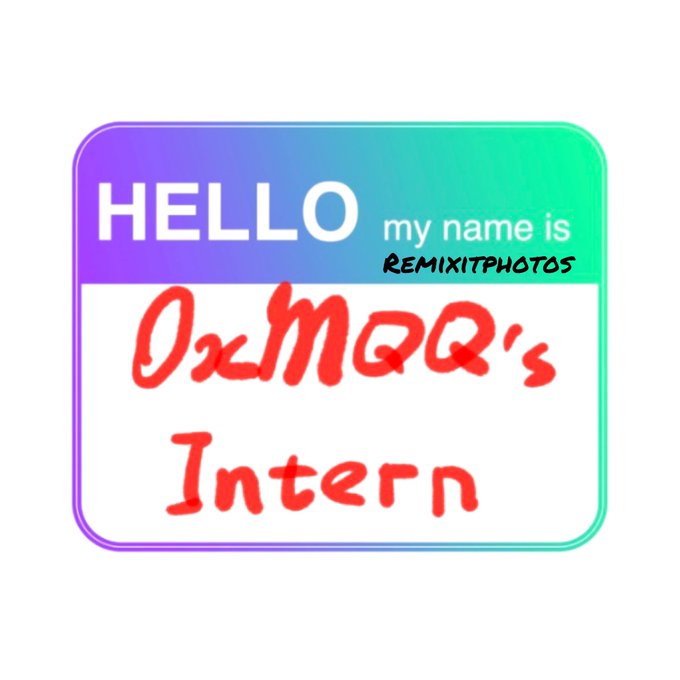 A graphic of a "HELLO my name is" sticker with red handwritten text reading "QxMQ's Intern" and a small "REMIXITPHOTOS" watermark on the name field.