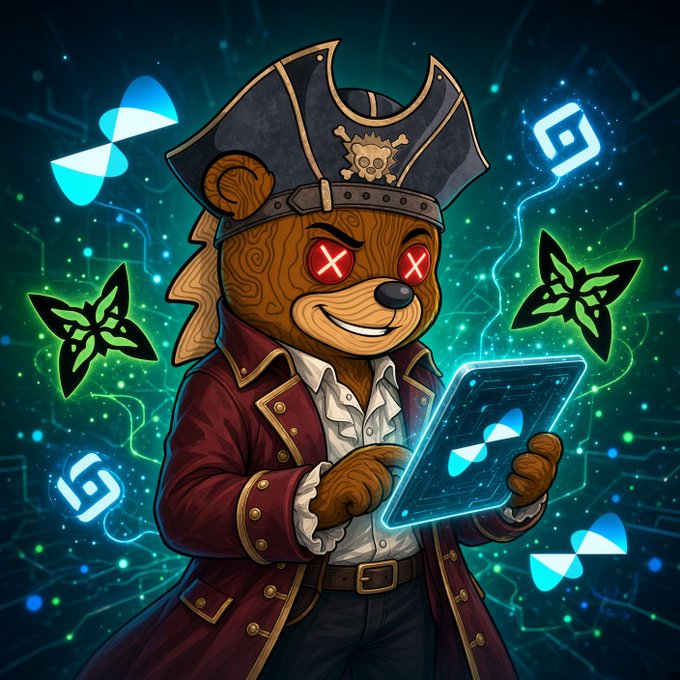 A cartoon bear dressed as a pirate with glowing red X-eyes, holding a tablet displaying a logo, surrounded by floating blue and green icons.
