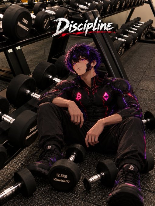 An anime-style illustration of a character with purple hair wearing a black athletic outfit with Bitcoin logos, sitting on gym flooring surrounded by dumbbells, with the word 'Discipline' displayed at the top.