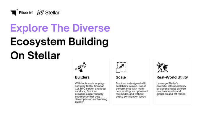 A presentation slide titled "Explore The Diverse Ecosystem Building On Stellar" with Rise In and Stellar logos, showing Builders, Scale, and Real-World Utility sections.