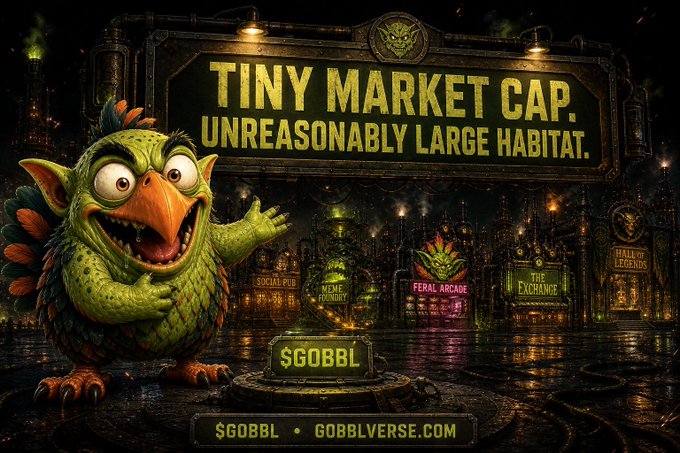 A cartoonish green mutant turkey mascot stands before a sprawling, dimly lit industrial cityscape featuring shops labeled "Social Pub," "Meme Foundry," "Feral Arcade," and "The Exchange," with a glowing "$GOBBL" token on a pedestal beneath a large billboard reading "TINY MARKET CAP. UNREASONABLY LARGE HABITAT." The bottom banner directs viewers to "GOBBLVERSE.COM," visually tying the quirky character to the described Solana-based community coin and its ecosystem of memes, games, and rewards.