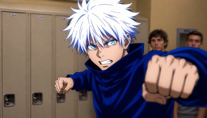An anime character with white spiky hair and blue eyes in a dark blue outfit throwing a punch, with onlookers in a locker room background.