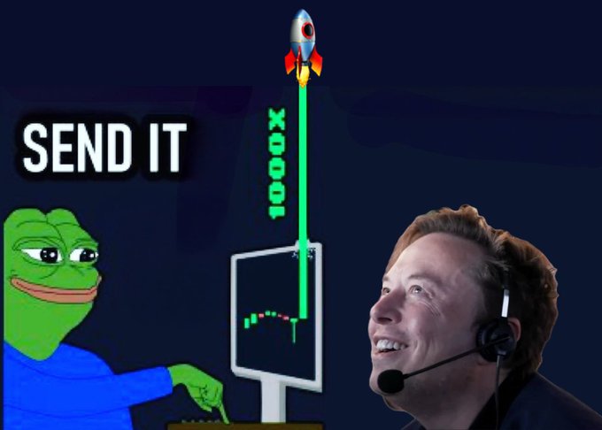 A meme-style image showing a green Pepe the Frog pointing at a computer screen displaying a rocket with '1000x' written next to it and the text 'SEND IT', alongside a cutout of Elon Musk wearing a headset.