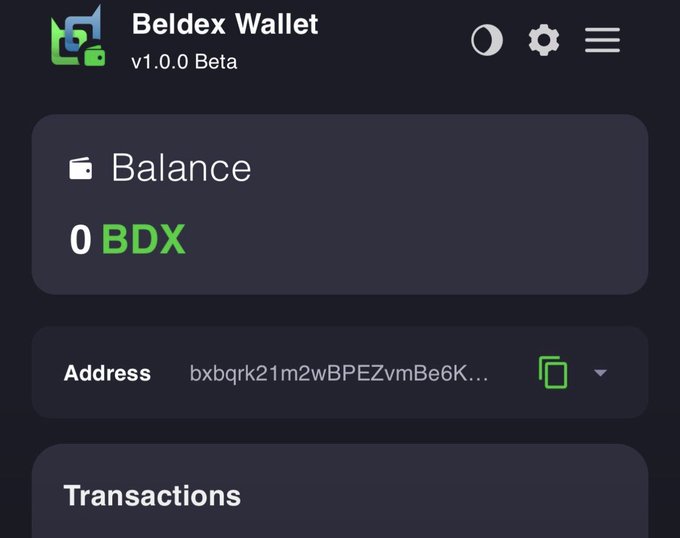A screenshot of the 'Beldex Wallet v1.0.0 Beta' mobile app displays a balance of '0 BDX' and a wallet address beginning with 'bxbqrk21m2wBPEZvmBe6K...'.