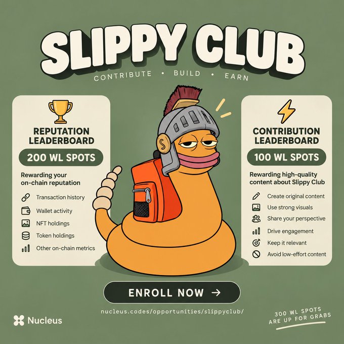 A promotional graphic for 'SLIPPY CLUB' by Nucleus, advertising 'CONTRIBUTE • BUILD • EARN' with 200 WL spots on the Reputation Leaderboard and 100 WL spots on the Contribution Leaderboard.