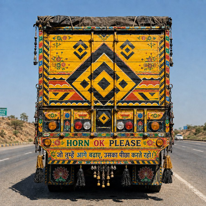 The image displays the ornately decorated rear of an Indian truck on a highway, featuring vibrant yellow paint, geometric patterns, floral designs, and the visible text "HORN OK PLEASE" along with a Hindi message reading "जो तुम्हे आगे बढ़ाए, उसका पीछा करते रहो." This vibrant and colorful truck art tradition perfectly captures the eye-catching aesthetic that would make anyone smile upon seeing such decorated vehicles cruising along Indian roads.