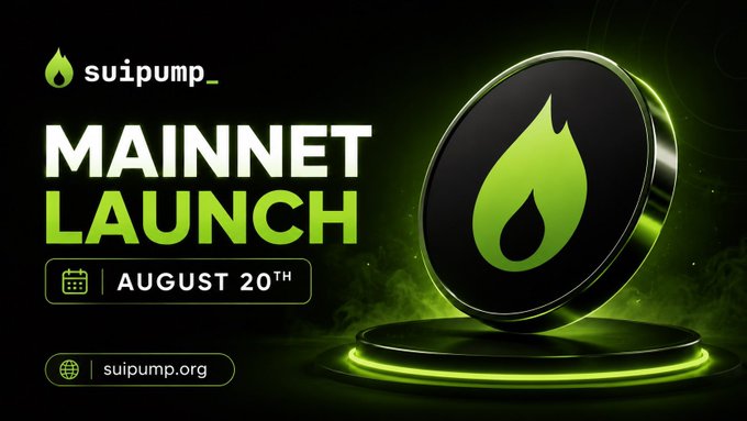 Black and green promotional graphic for "suipump_" advertising a "MAINNET LAUNCH" on "AUGUST 20TH" at suipump.org.