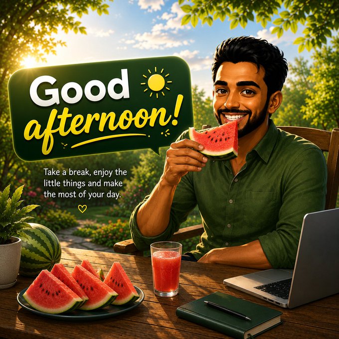 A cheerful man with a beard eats a slice of watermelon at an outdoor table, accompanied by a "Good afternoon!" message, a glass of juice, and a laptop. The text reads "Take a break, enjoy the little things and make the most of your day."