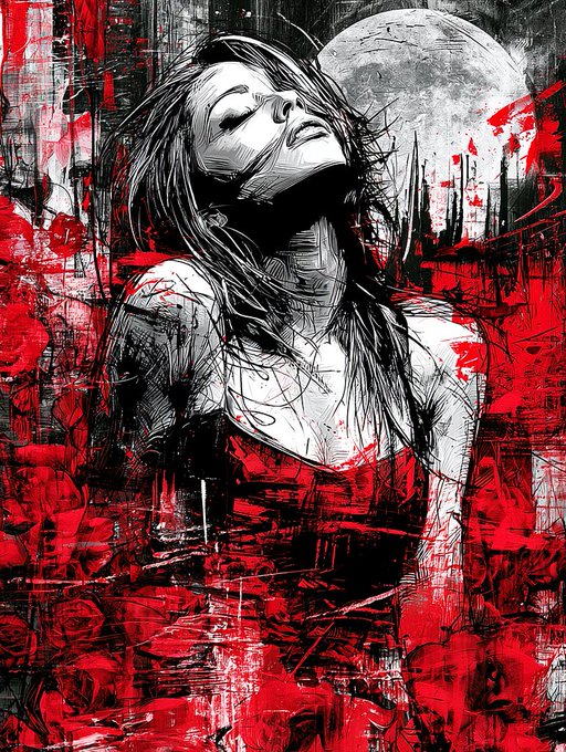 A dramatic black, white, and red illustration depicts a woman with closed eyes looking upward, surrounded by splattered paint.