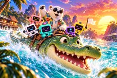An animated adventure scene features a group of characters and robots riding on the back of a large green crocodile through a tropical sunset landscape.