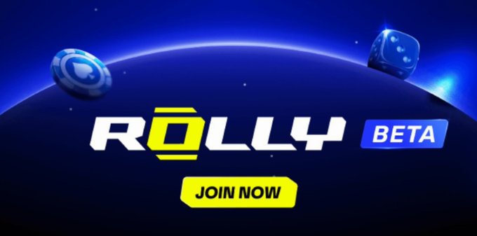 A promotional banner for 'ROLLY BETA' featuring 3D dice, a glowing blue planet background, and a yellow 'JOIN NOW' button.