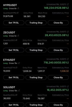 The image shows a trading portfolio dashboard with four open long positions via TP/SL orders: HYPEUSDT +28.99%, ZECUSDT +25.08%, ETHUSDT +0.85%, and SOLUSDT +5.97%, all showing unrealized P&L gains. The screenshot supports the post's claim about expecting a major 20% rally across crypto majors, as the portfolio displays substantial unrealized gains on multiple long positions, suggesting the poster benefitted from the bullish move.