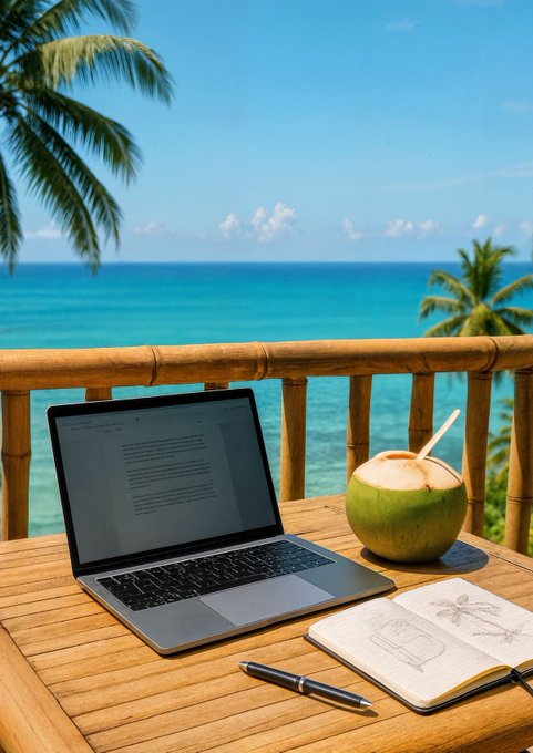 iced tropical drink, a notebook with writing on it, and an open laptop are arranged on a wooden table overlooking the ocean.