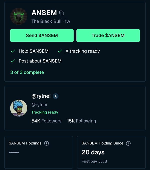 A screenshot of a crypto tracking interface showing the user '@rylnei' with '54K Followers' and '15K Following', tracking the token '$ANSEM' with a holding duration of '20 days' since 'Jul 8'.
