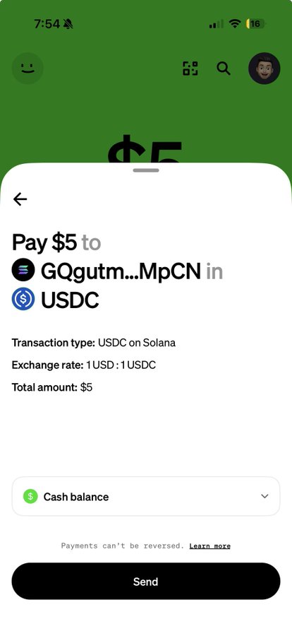 The image shows a cell phone screen displaying a payment app, specifically for USDC. The app allows users to send money through a peer-to-peer exchange system. The text on the screen reads "Pay $5 to GQGUTTm MPCN in USDC". This information is related to the post that says "Sending @USDC looks good on @CashApp". The image also includes a small smiley face, which adds a positive and friendly tone to the overall message.
