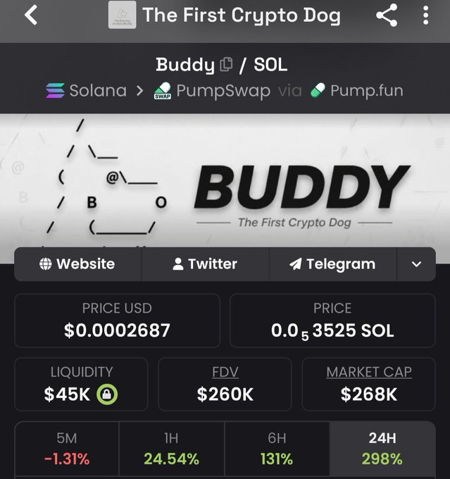 A crypto tracking app screen showing the BUDDY token ('The First Crypto Dog') on the Solana network via PumpSwap/Pump.fun, priced at $0.0002687 with a $268K market cap and 298% gain over 24 hours.