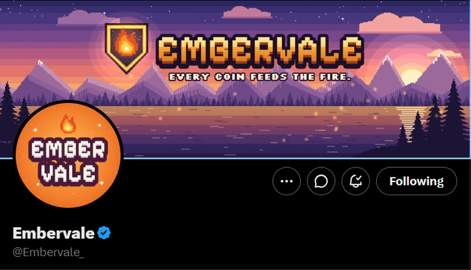 A Twitter/X profile banner for 'Embervale' (@Embervale_) with a pixel art aesthetic showing mountains, a lake, and the slogan 'EVERY COIN FEEDS THE FIRE'.