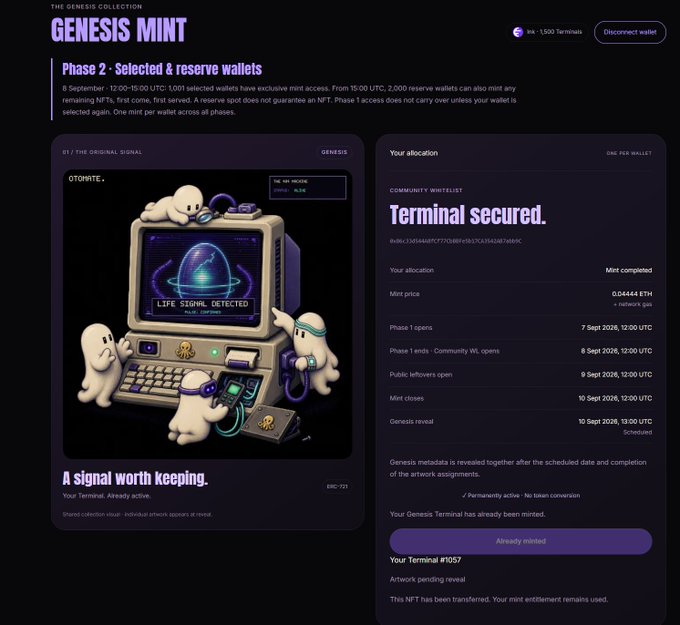 Screenshot of the 'GENESIS MINT' Genesis Collection NFT minting page showing a 'Terminal secured' confirmation for the community whitelist, with a mint price of 0.04444 ETH and a schedule for Phase 1 opens on 7 Sept 2026.